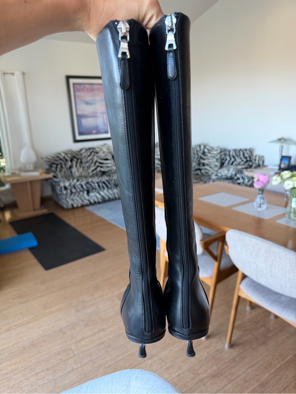 Prada Black Leather Pointed Toe Knee High Kitten Heel Boots - Picture 6 of 12